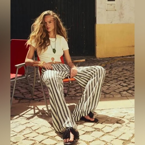 Knot Sisters Linen Blend Striped Wide-Leg Pants - Picture 1 of 6